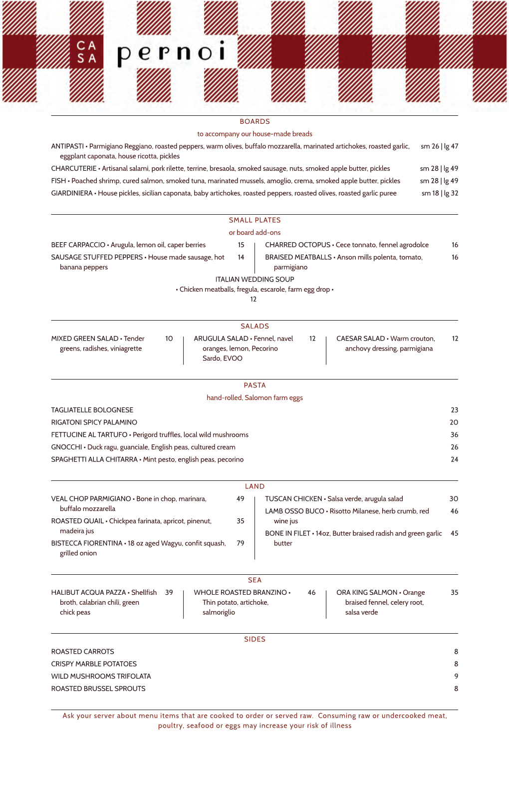 Casa Pernoi Dinner Menu