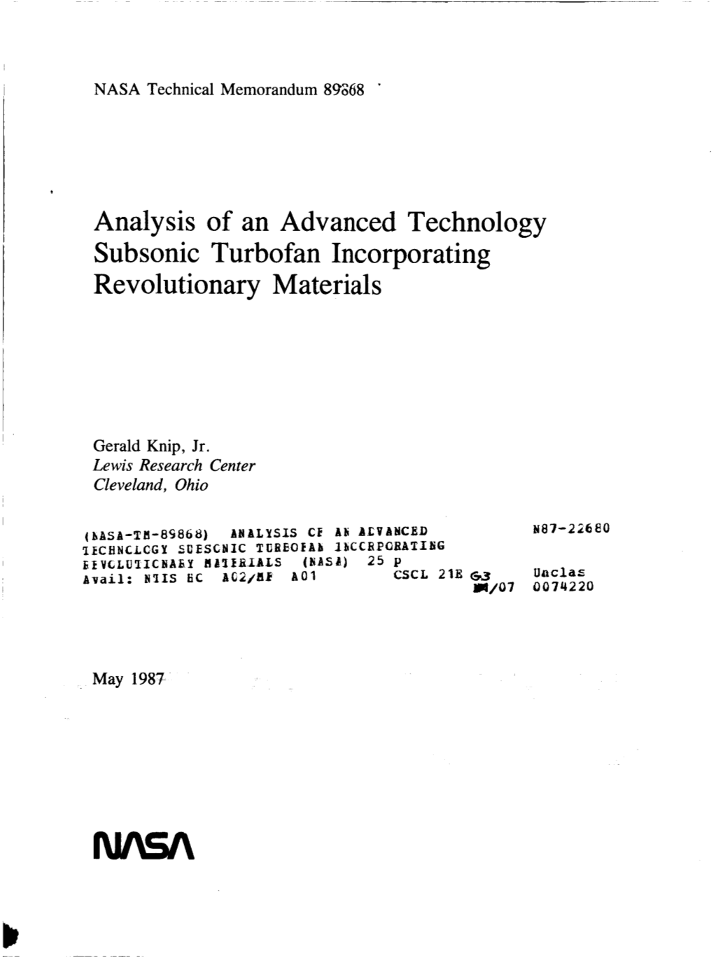 Analysis of an Advanced Technology Subsonic Turbofan Incorporating Revolutionary Materials