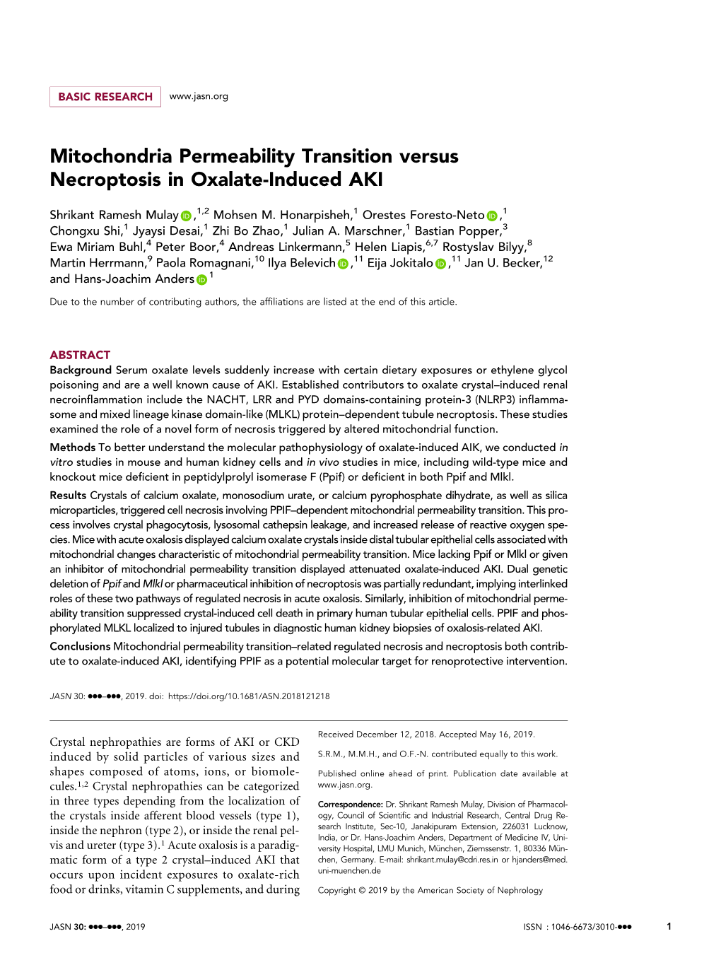 Mitochondria Permeability Transition Versus Necroptosis in Oxalate-Induced AKI