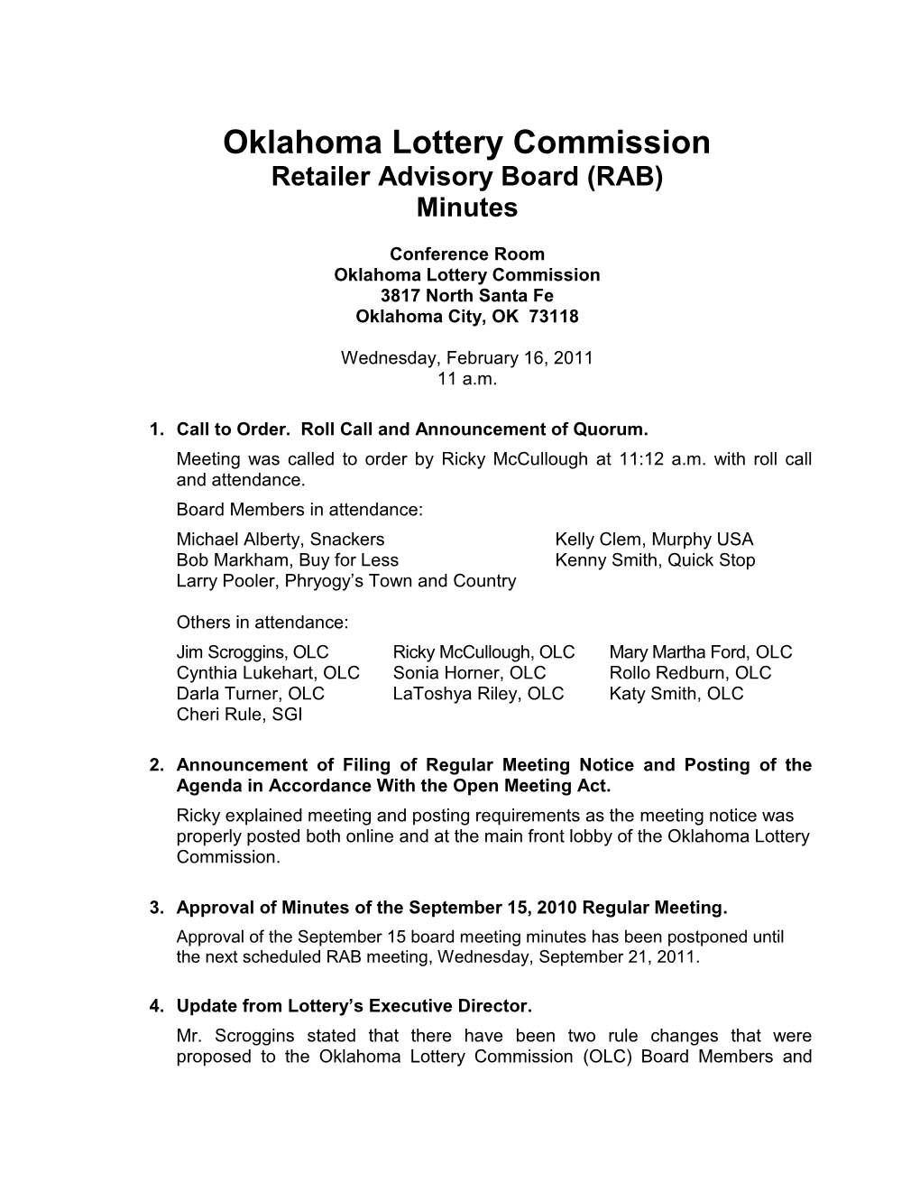 Oklahoma Lottery Commission Retailer Advisory Board (RAB) Minutes