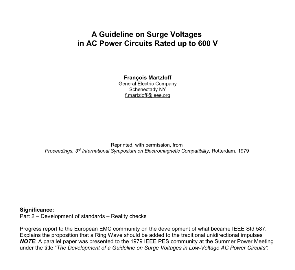A Guideline on Surge Voltages in AC Power Circuits Rated up to 600 V