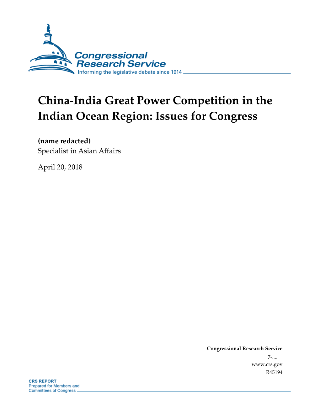 China-India Great Power Competition in the Indian Ocean Region: Issues for Congress