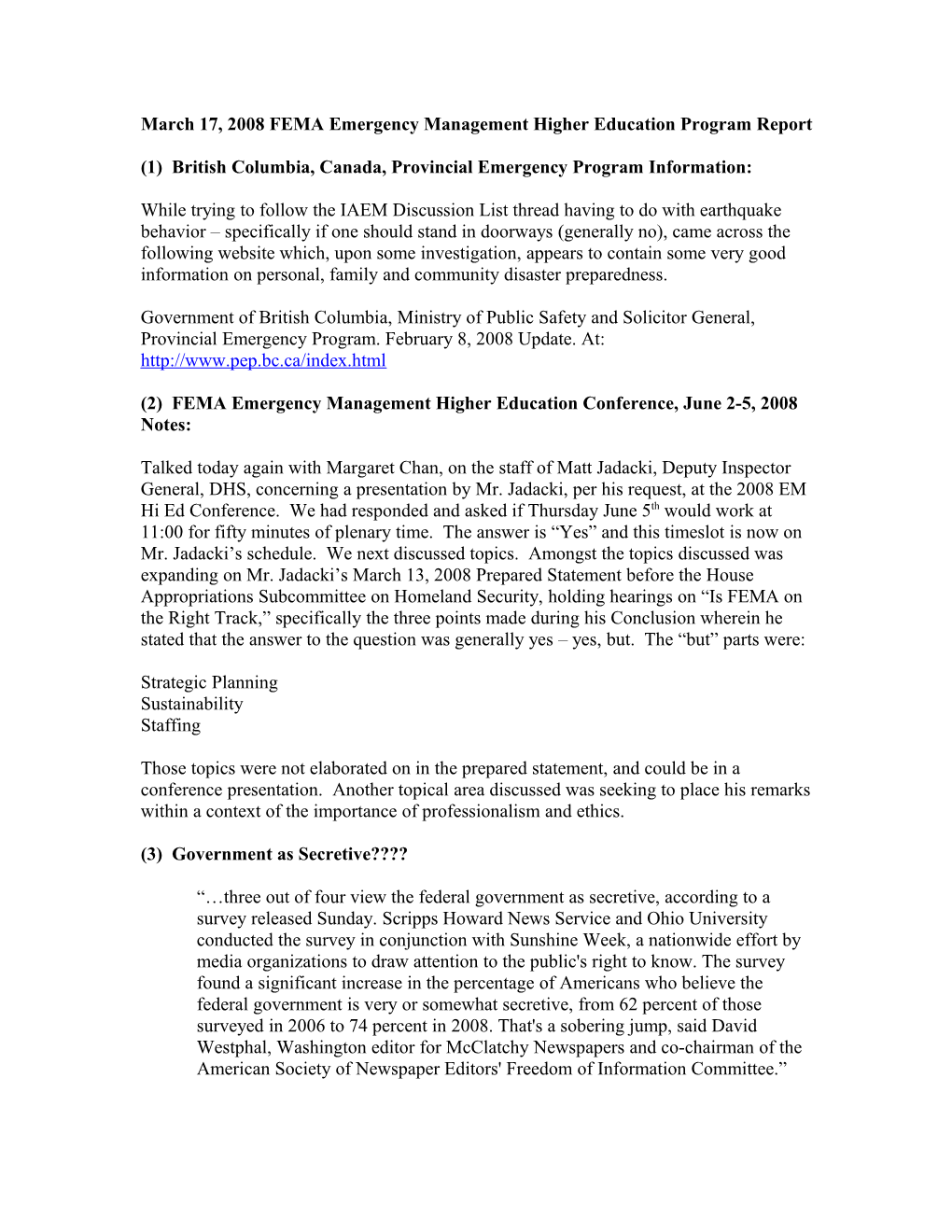 March 17, 2008 FEMA Emergency Management Higher Education Program Report