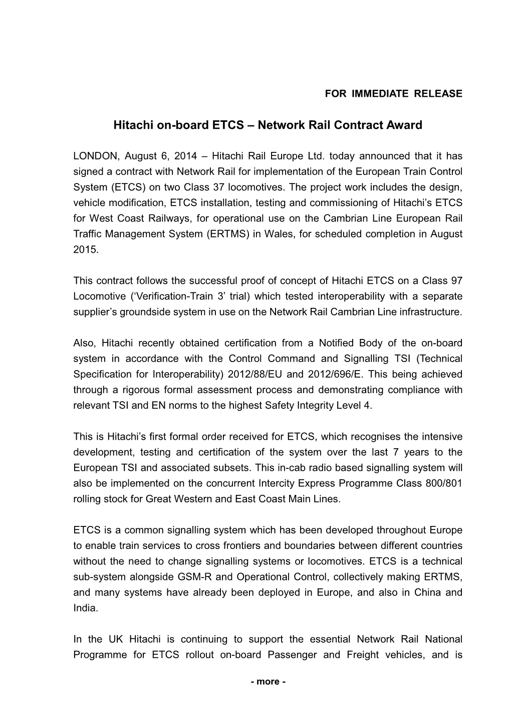 Hitachi On-Board ETCS – Network Rail Contract Award