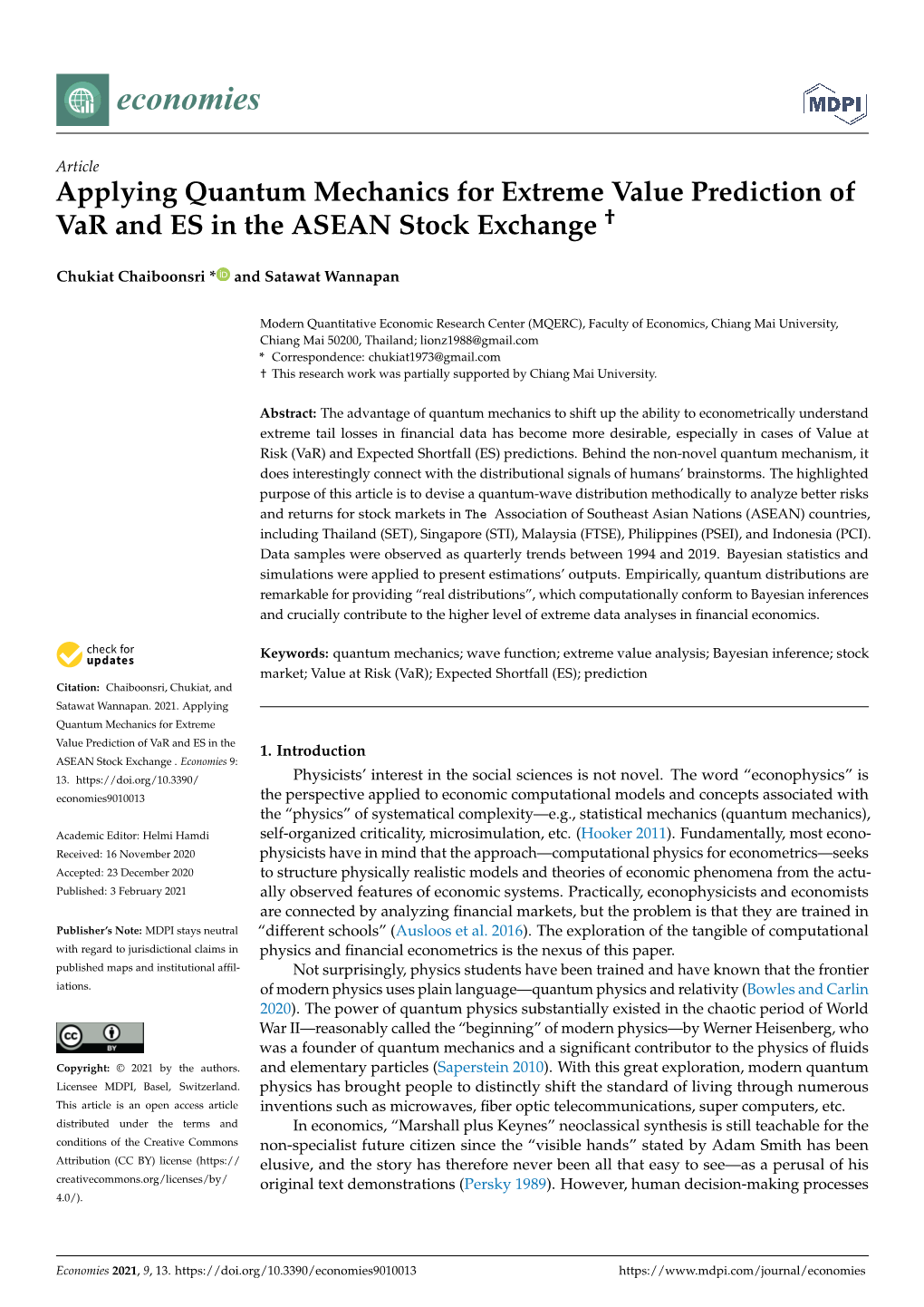 Applying Quantum Mechanics for Extreme Value Prediction of Var and ES in the ASEAN Stock Exchange †