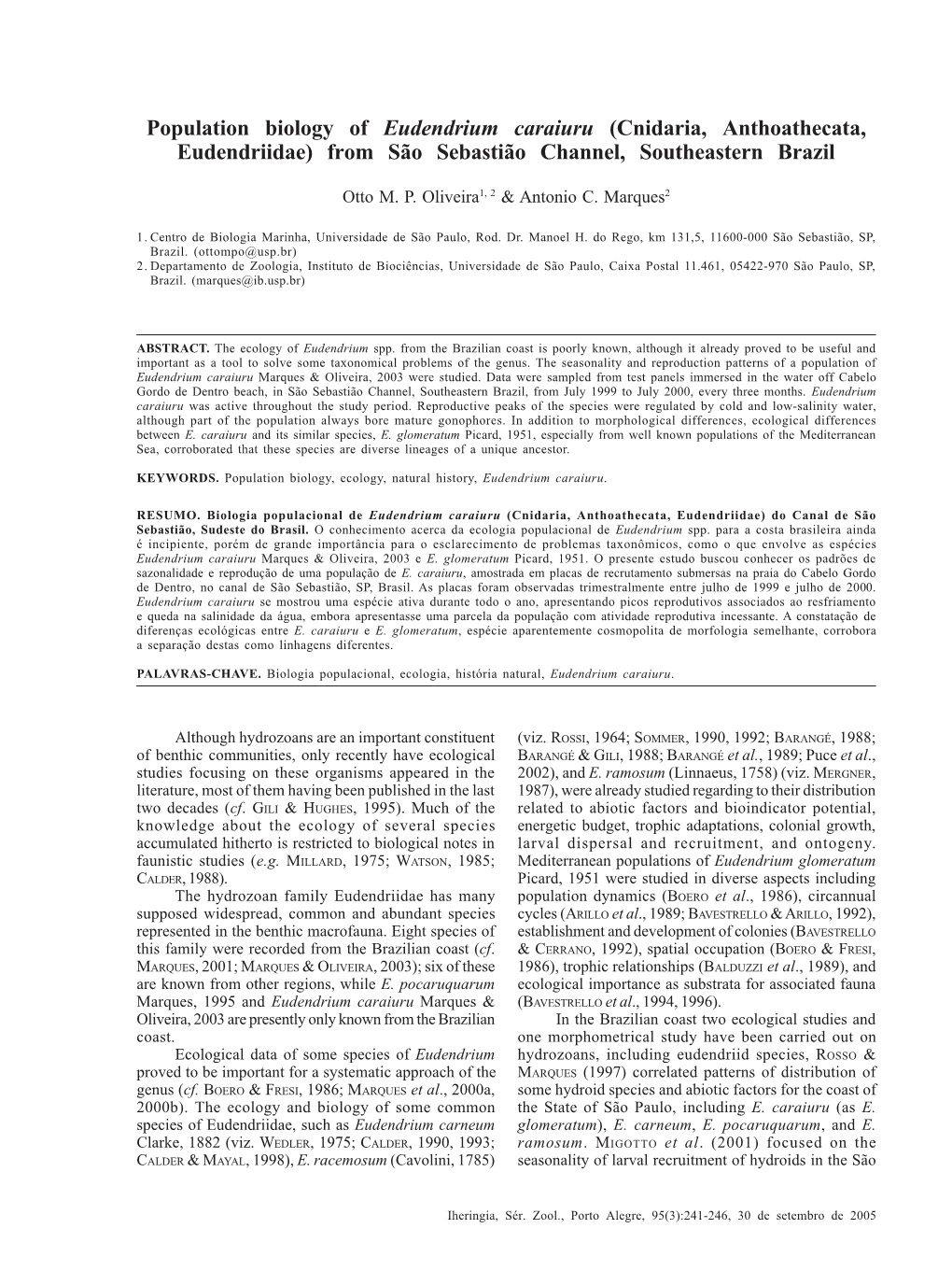 Population Biology of Eudendrium Caraiuru (Cnidaria, Anthoathecata, Eudendriidae) From