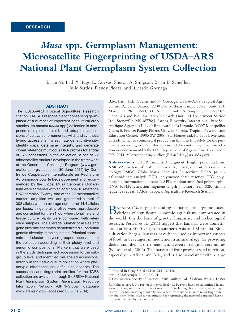 Musa Spp. Germplasm Management: Microsatellite Fingerprinting of USDA–ARS National Plant Germplasm System Collection