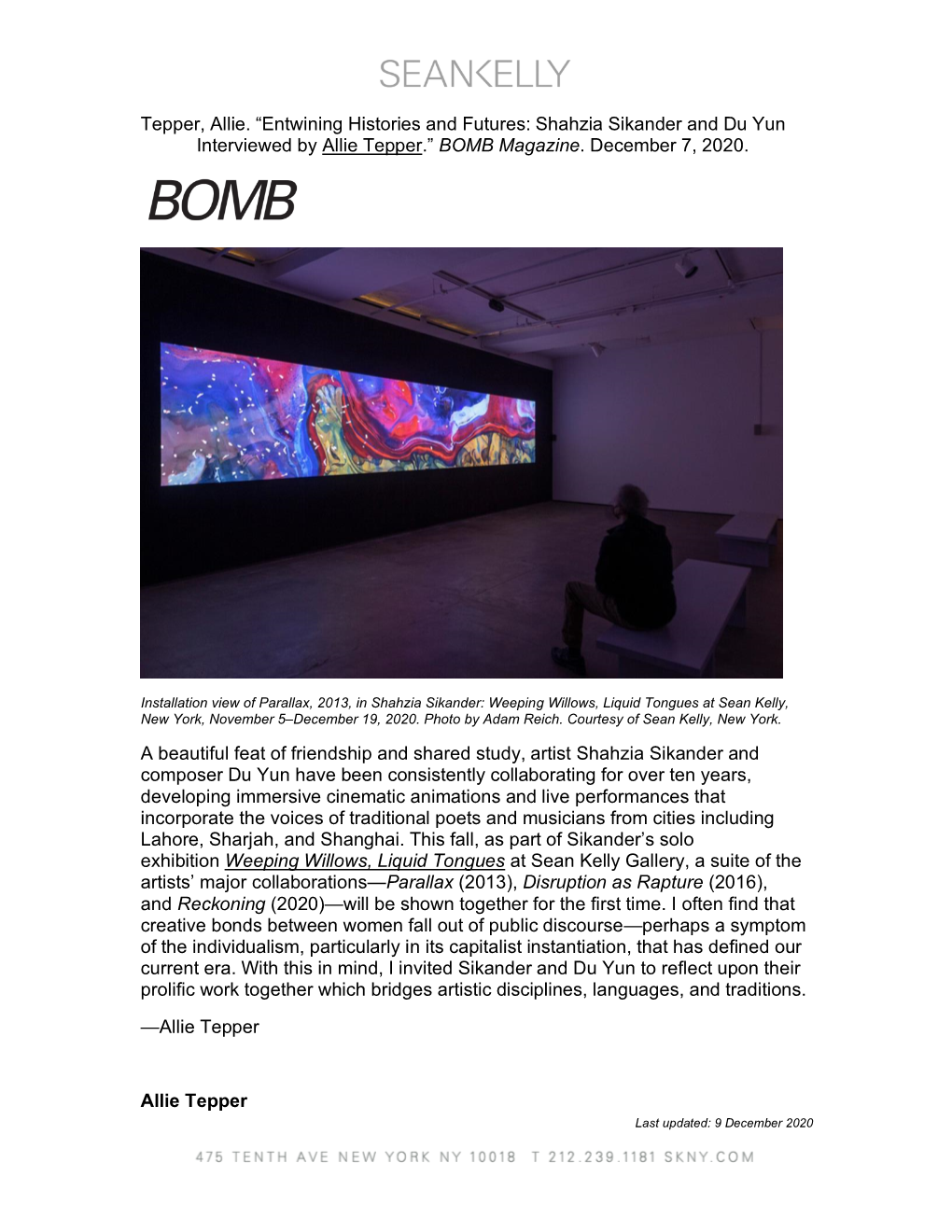 Entwining Histories and Futures: Shahzia Sikander and Du Yun Interviewed by Allie Tepper.” BOMB Magazine