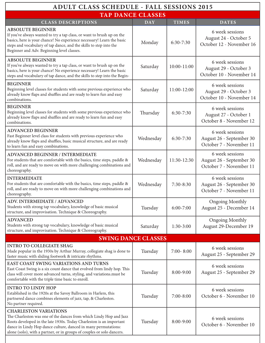 Adult Class Schedule