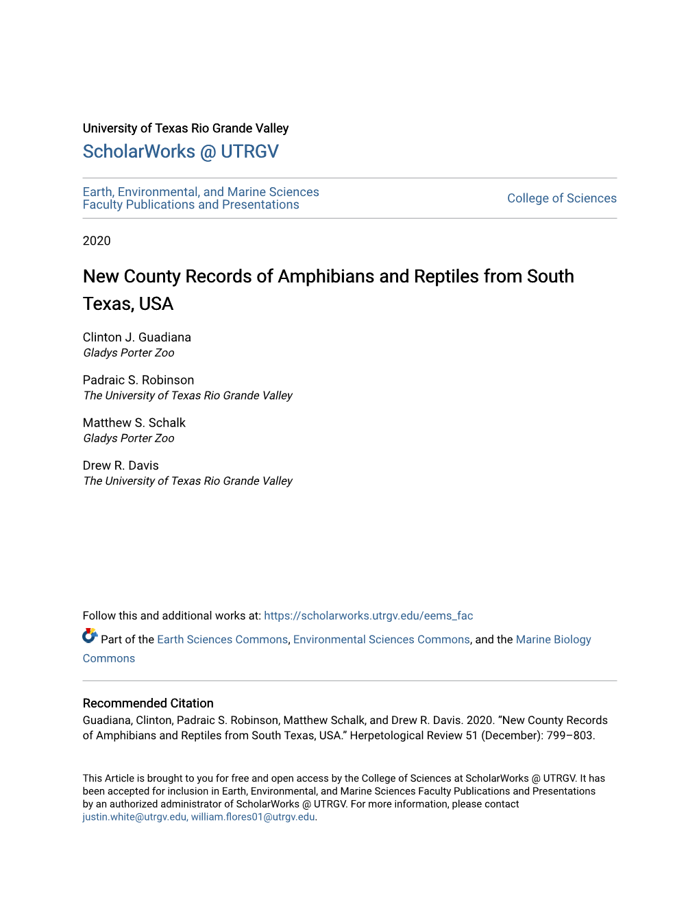 New County Records of Amphibians and Reptiles from South Texas, USA