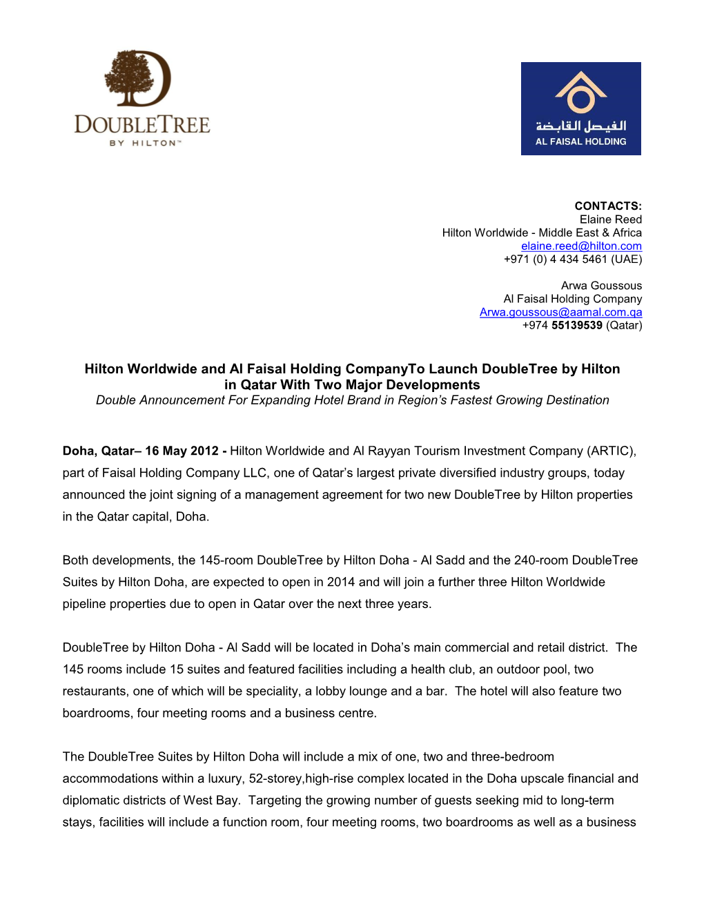 Hilton Worldwide and Al Faisal Holding Companyto Launch