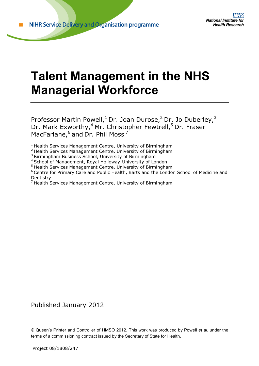 Talent Management in the NHS Managerial Workforce