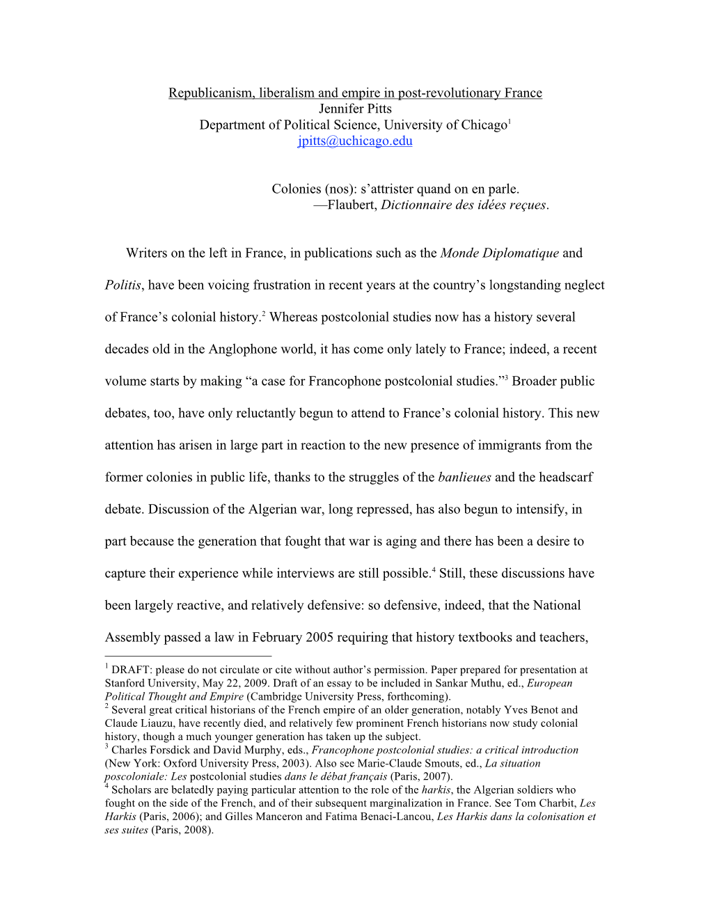 Republicanism, Liberalism and Empire in Post-Revolutionary France Jennifer Pitts Department of Political Science, University of Chicago1 Jpitts@Uchicago.Edu