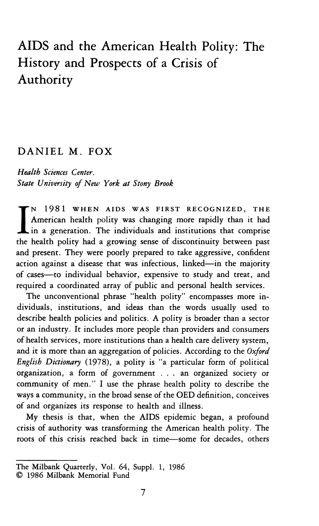 AIDS and the American Health Polity: the History and Prospects of a Crisis of Authority