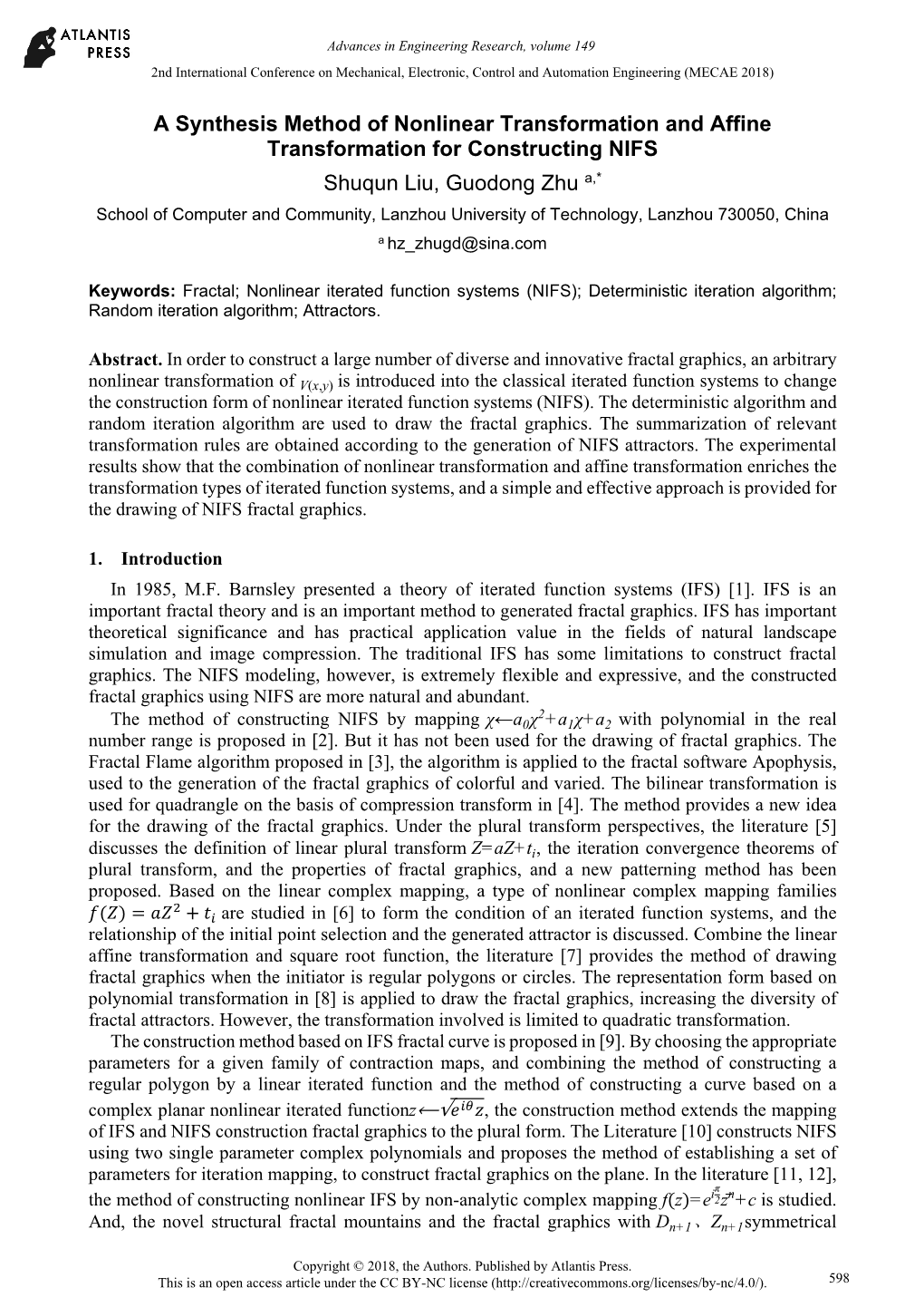 A Synthesis Method of Nonlinear Transformation and Affine Transformation for Constructing NIFS Shuqun Liu, Guodong Zhu A