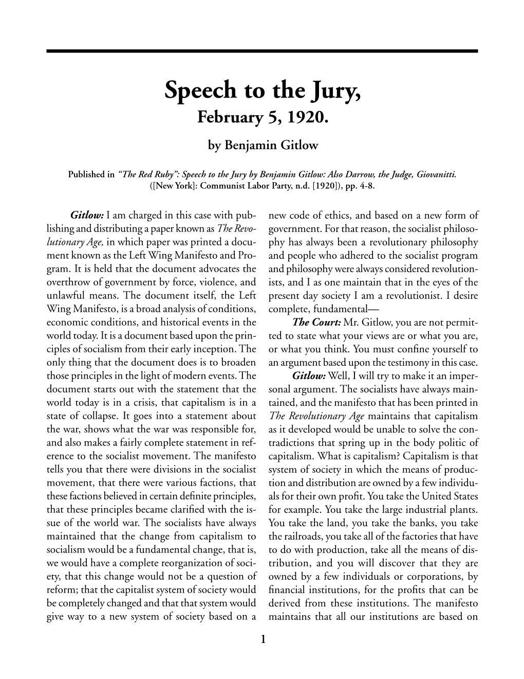 "Speech to the Jury," by Benjamin Gitlow