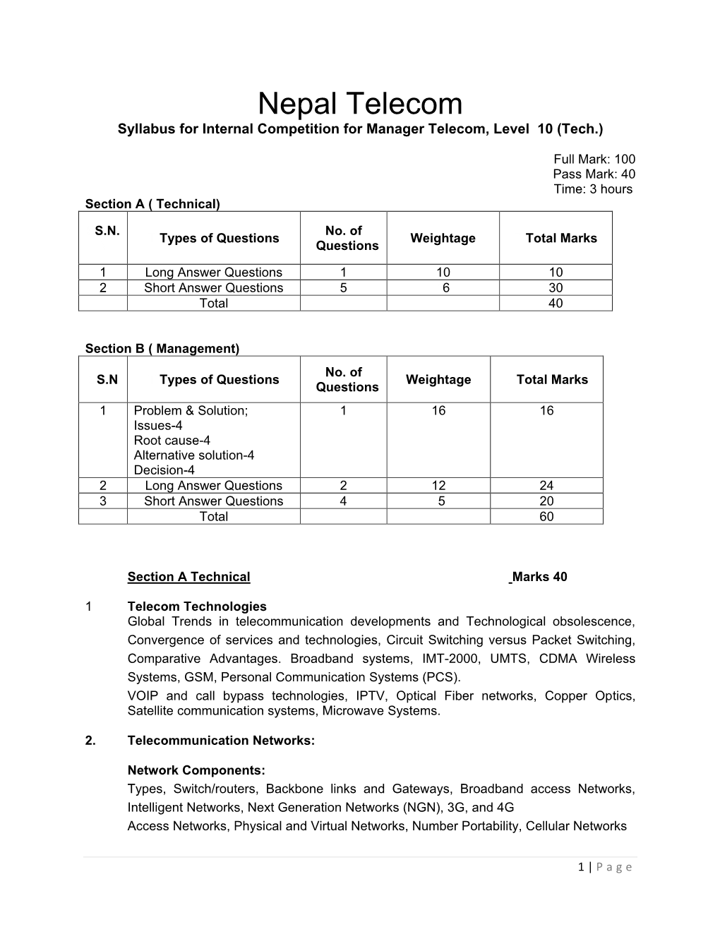 Nepal Telecom Syllabus for Internal Competition for Manager Telecom, Level 10 (Tech.)