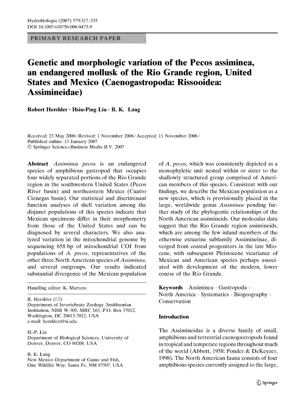 Genetic and Morphologic Variation of the Pecos