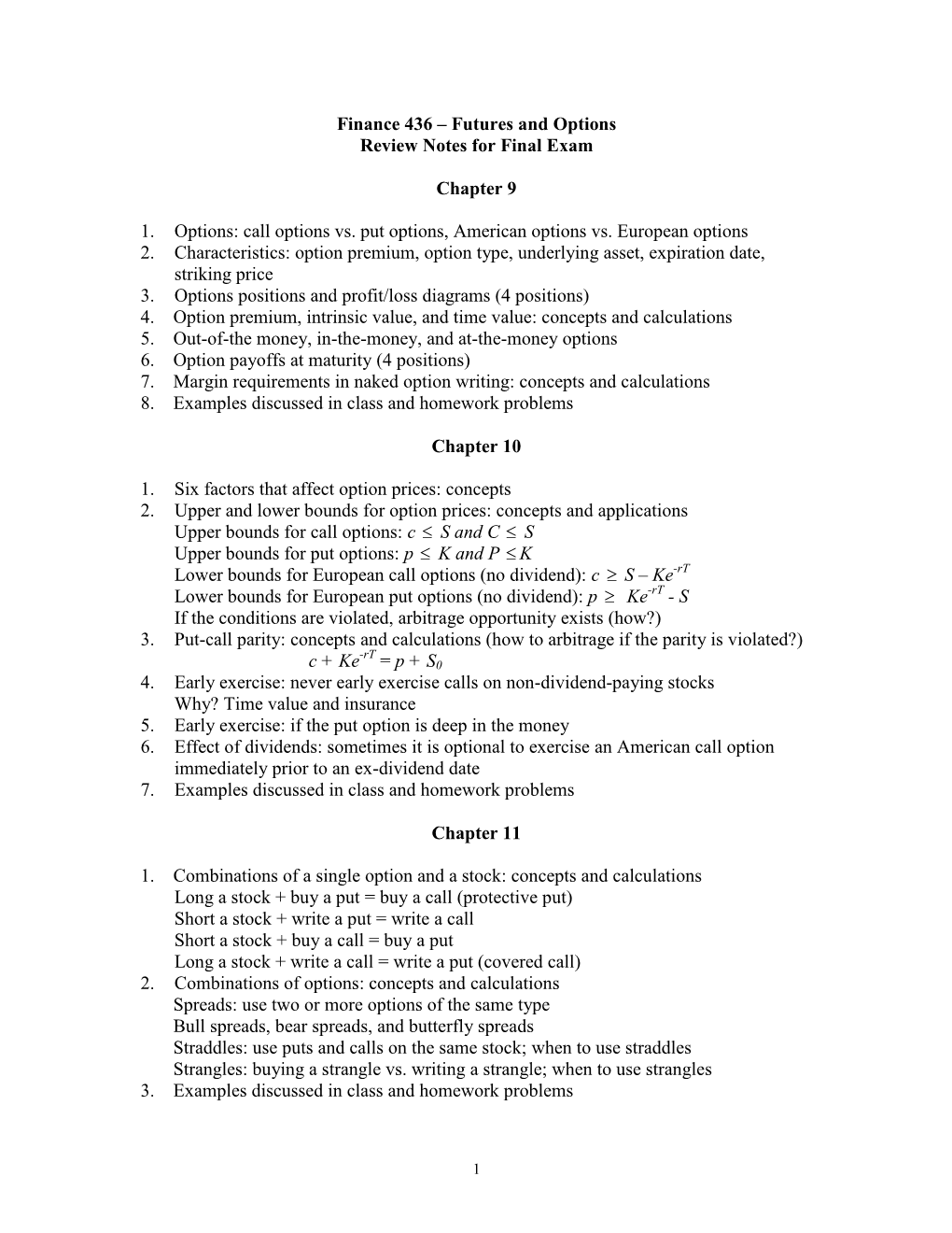 Finance 436 – Futures and Options Review Notes for Final Exam