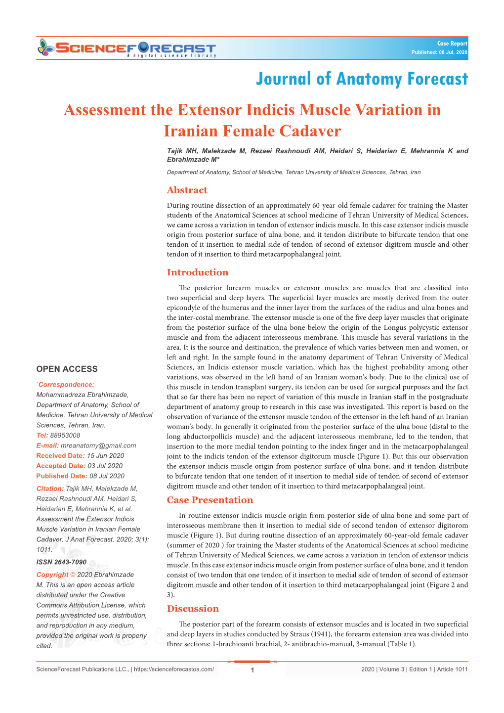 Assessment the Extensor Indicis Muscle Variation in Iranian Female Cadaver