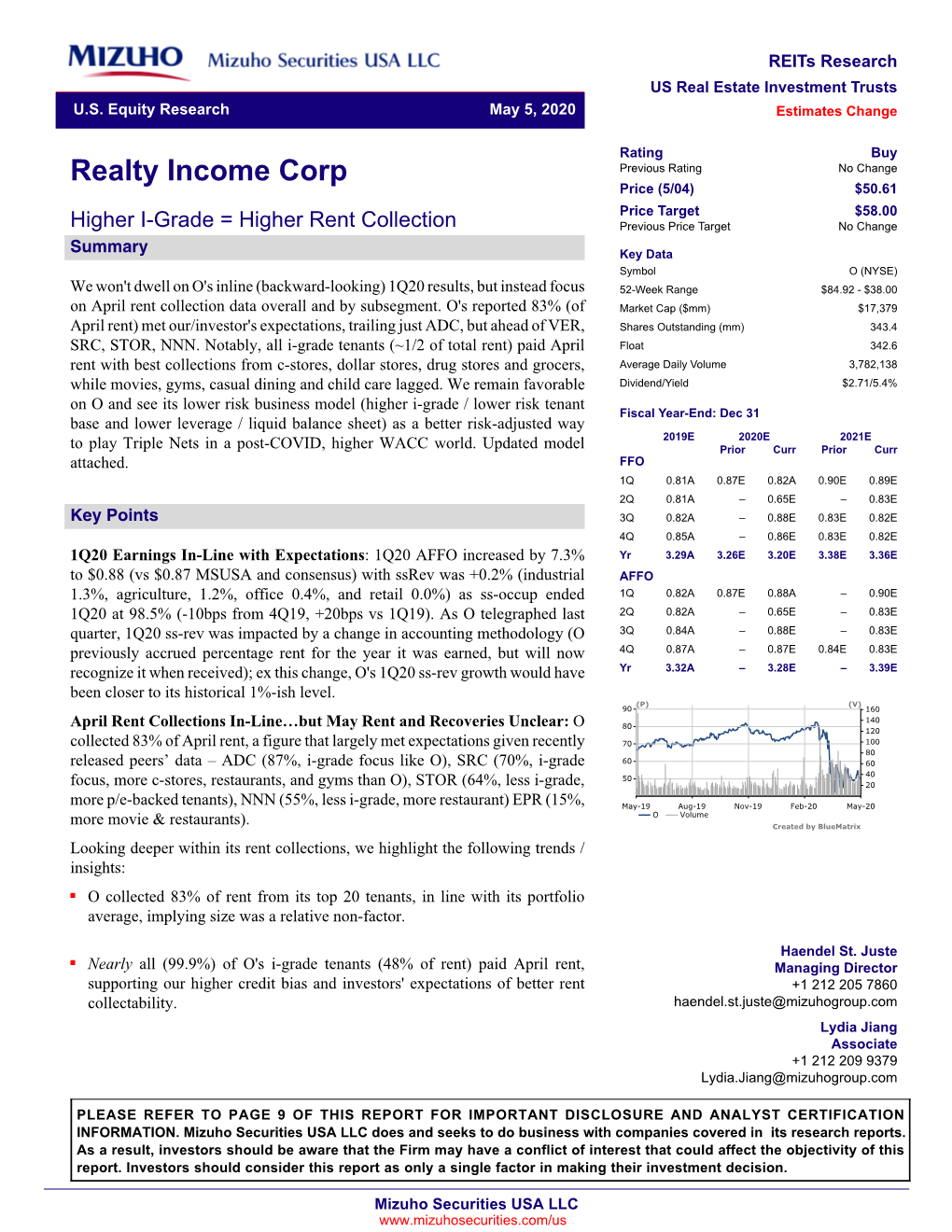 Realty Income Corp Previous Rating No Change Price (5/04) $50.61 Price Target $58.00 Higher I-Grade = Higher Rent Collection Previous Price Target No Change