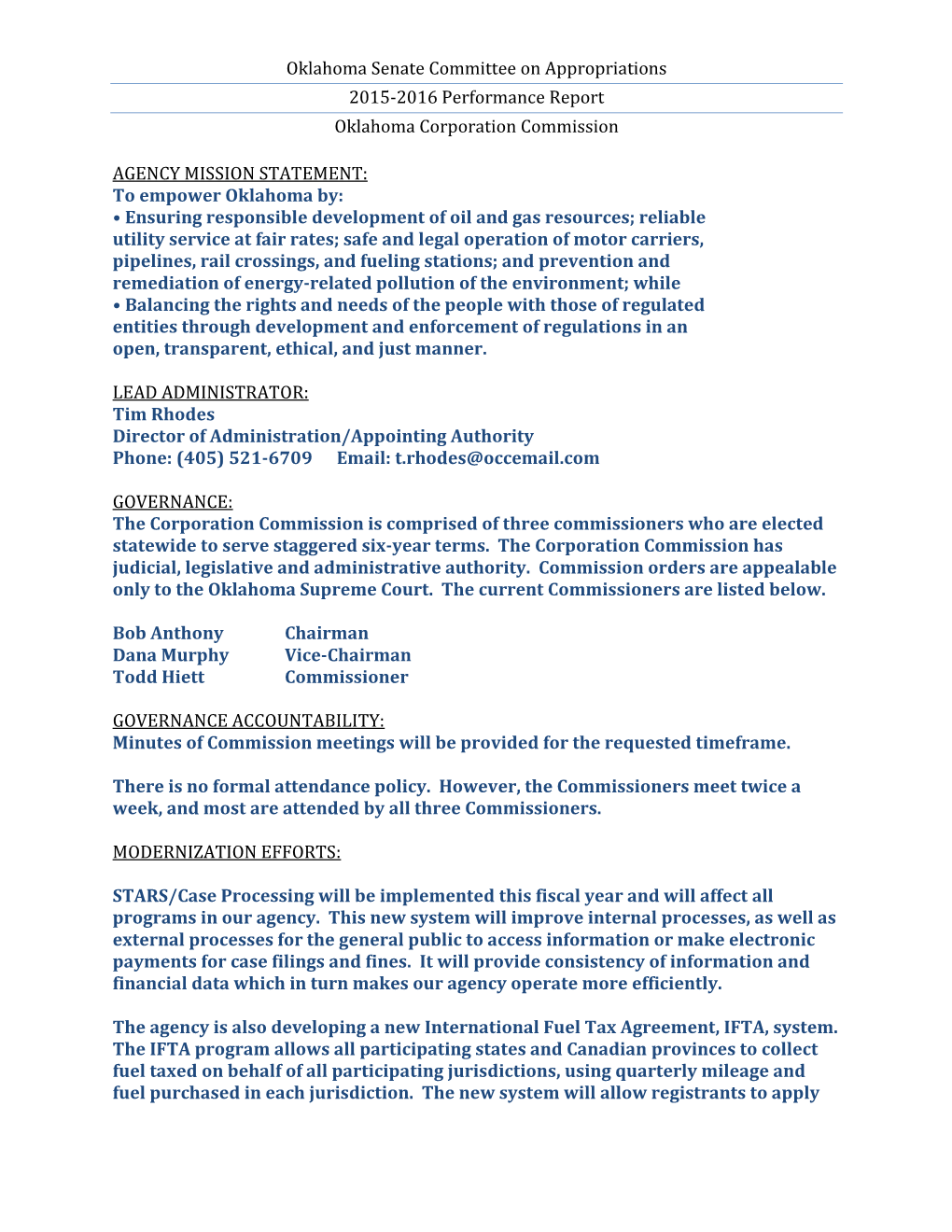 Oklahoma Senate Committee on Appropriations 2015-2016 Performance Report Oklahoma Corporation Commission