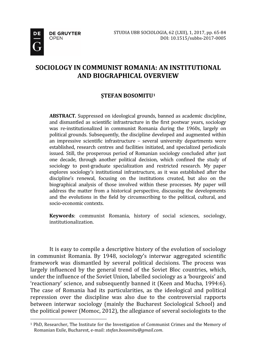 Sociology in Communist Romania: an Institutional and Biographical Overview