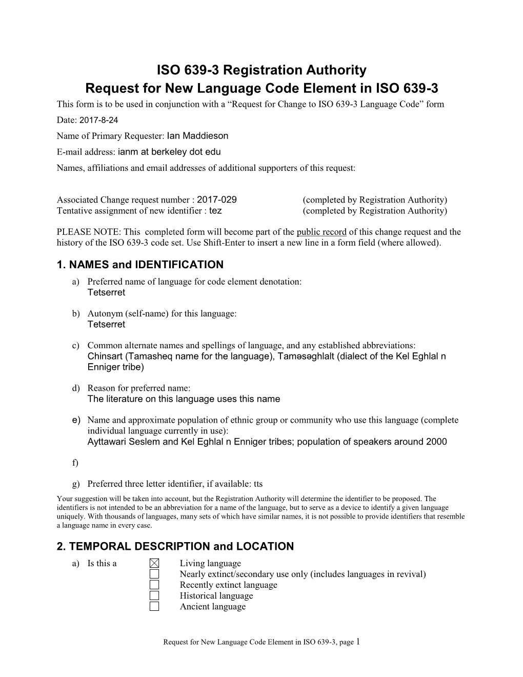 ISO 639-3 New Code Request