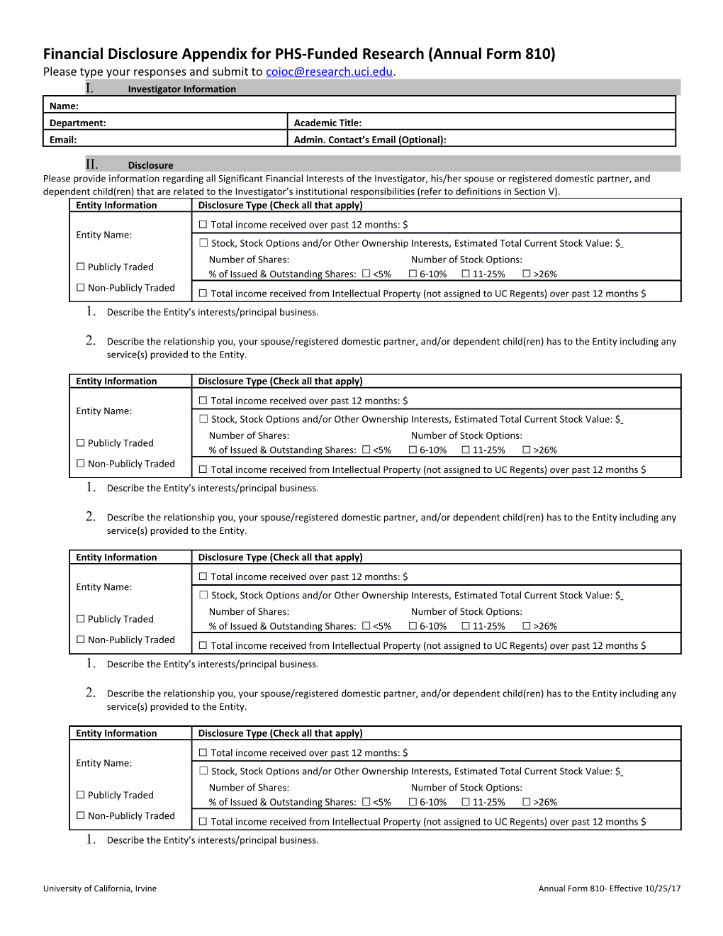 Financial Disclosure Appendix for PHS-Funded Research (Annual Form 810)