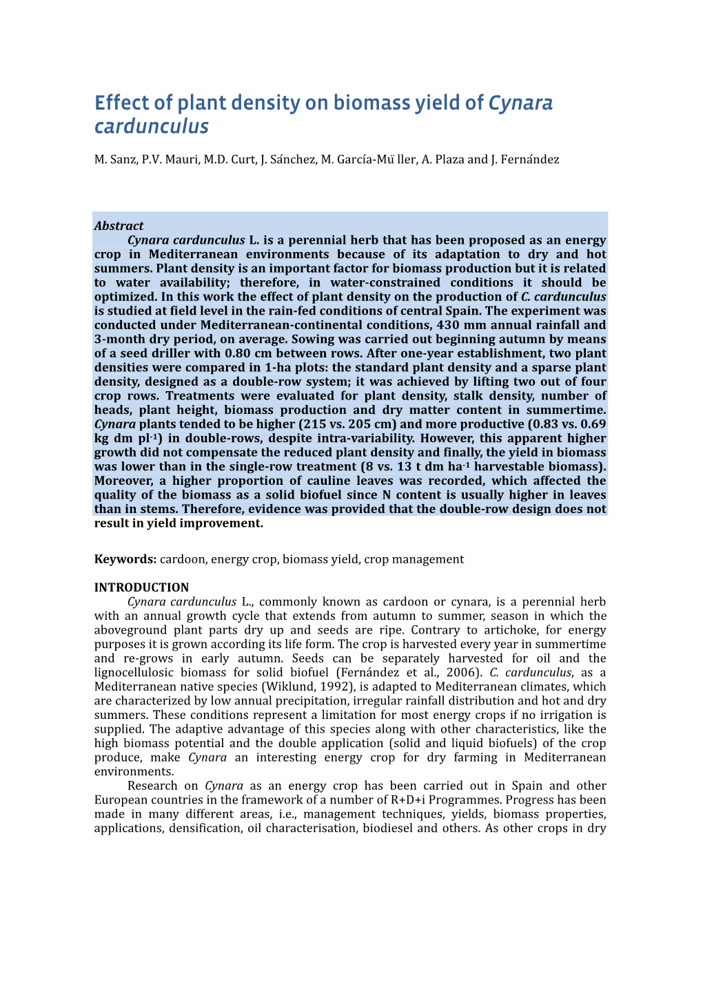 Effect of Plant Density on Biomass Yield of Cynara Cardunculus