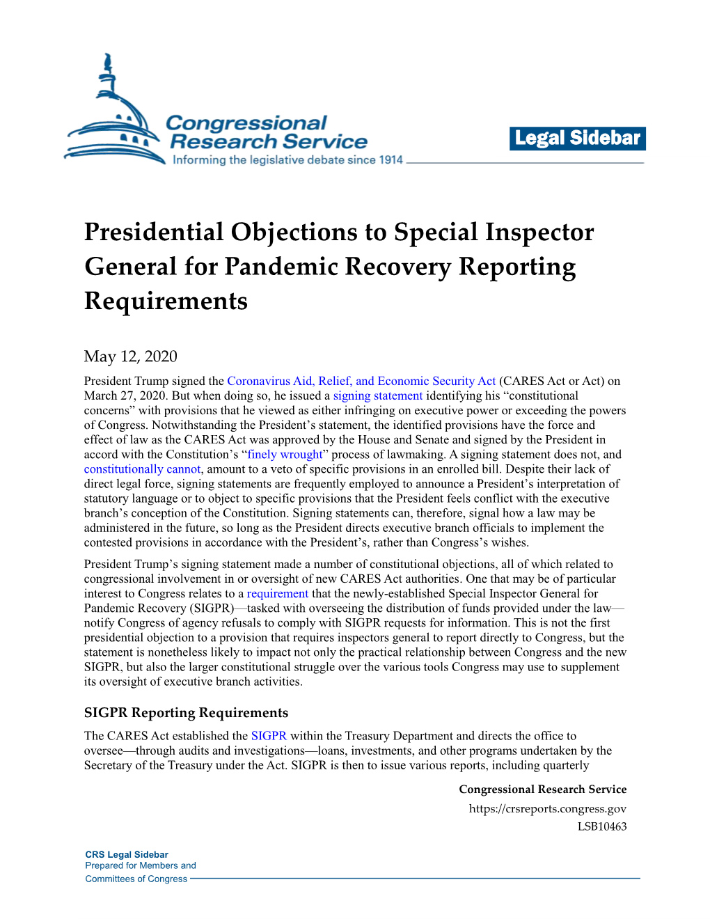 Presidential Objections to Special Inspector General for Pandemic Recovery Reporting Requirements