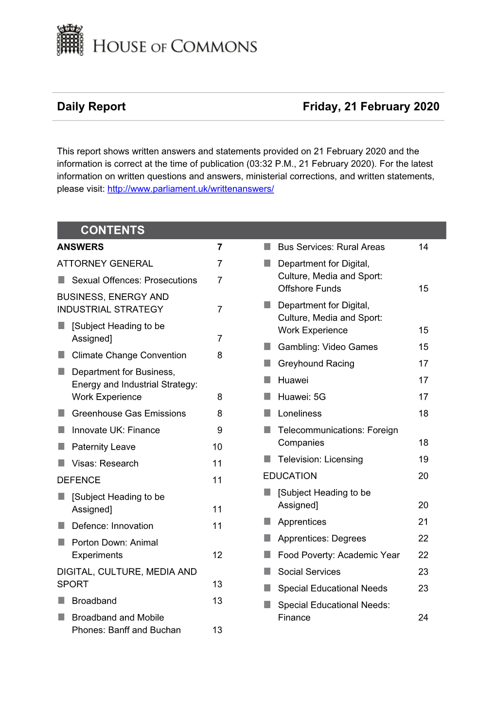Daily Report Friday, 21 February 2020 CONTENTS