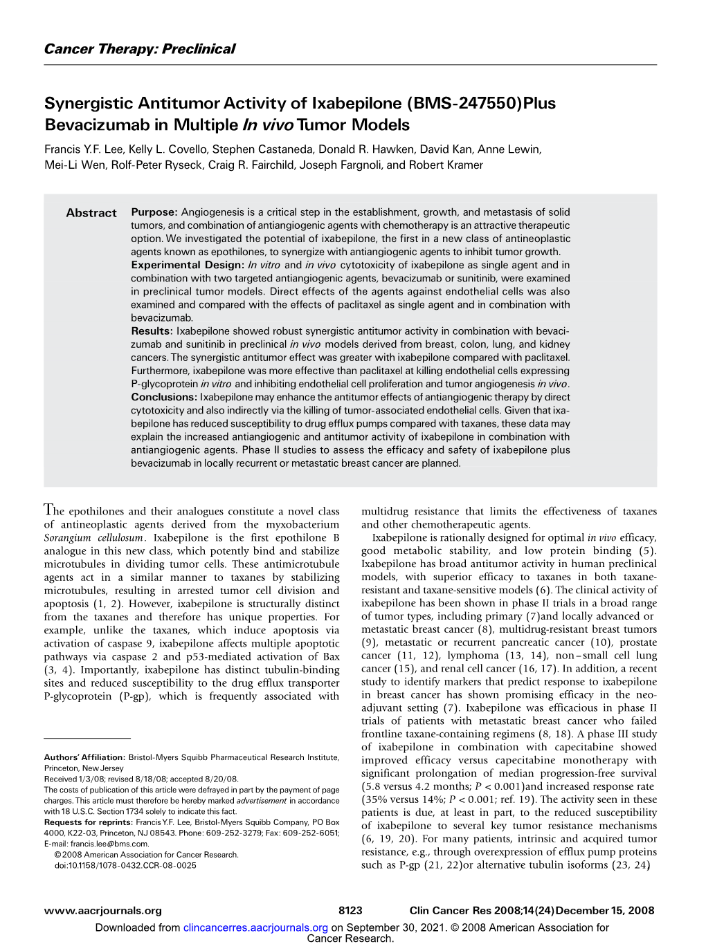 Synergistic Antitumor Activity of Ixabepilone (BMS-247550)Plus Bevacizumab in Multiple in Vivo Tu M O R Mo D E L S Francis Y.F