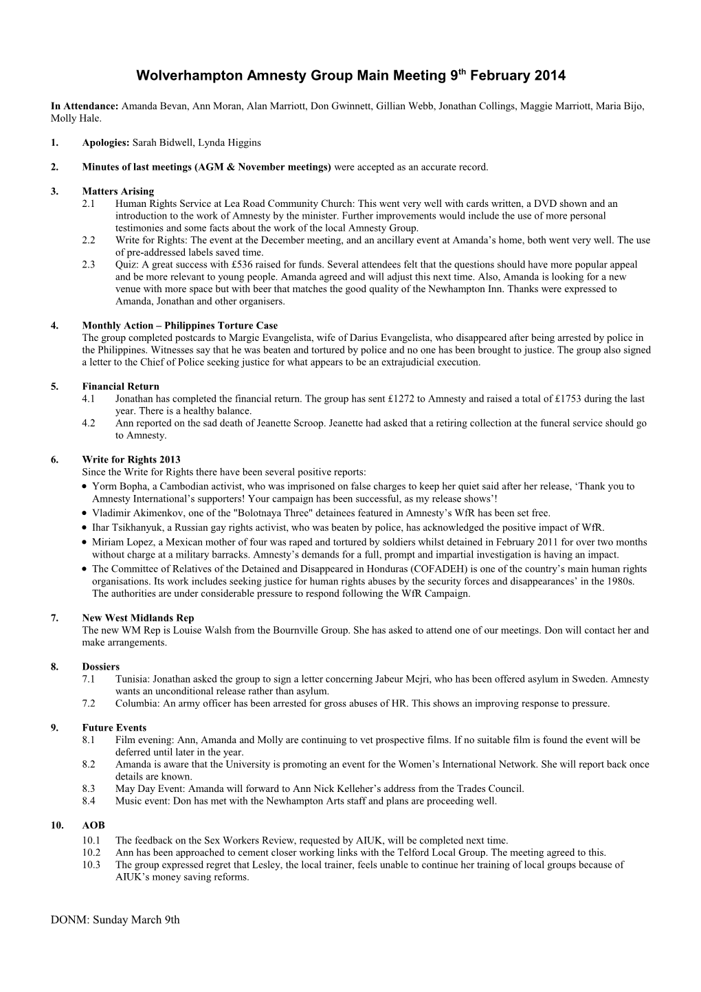 Wolverhampton Amnesty Group Main Meeting 9Th February 2014