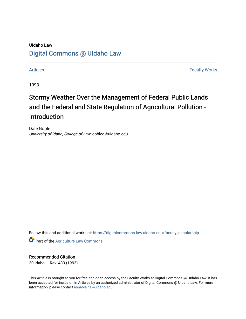 Stormy Weather Over the Management of Federal Public Lands and the Federal and State Regulation of Agricultural Pollution - Introduction