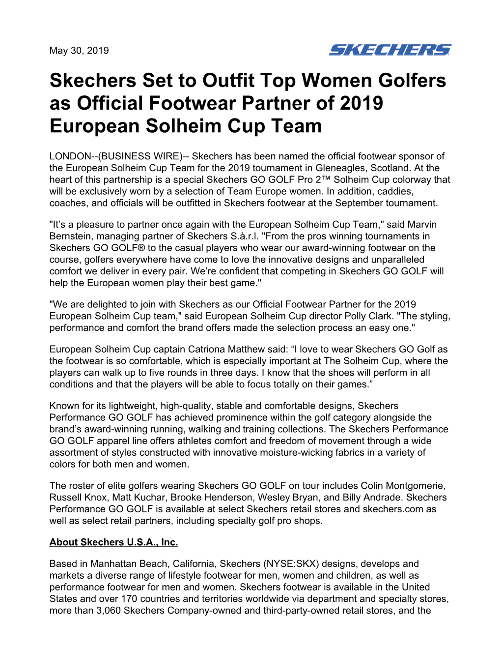 Skechers Set to Outfit Top Women Golfers As Official Footwear Partner of 2019 European Solheim Cup Team