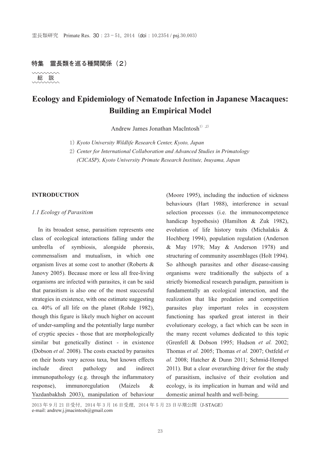 Ecology and Epidemiology of Nematode Infection in Japanese Macaques: Building an Empirical Model