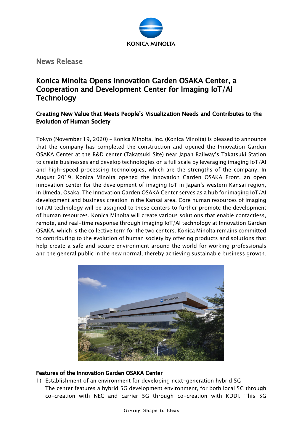 Konica Minolta Opens Innovation Garden OSAKA Center, a Cooperation and Development Center for Imaging Iot/AI Technology