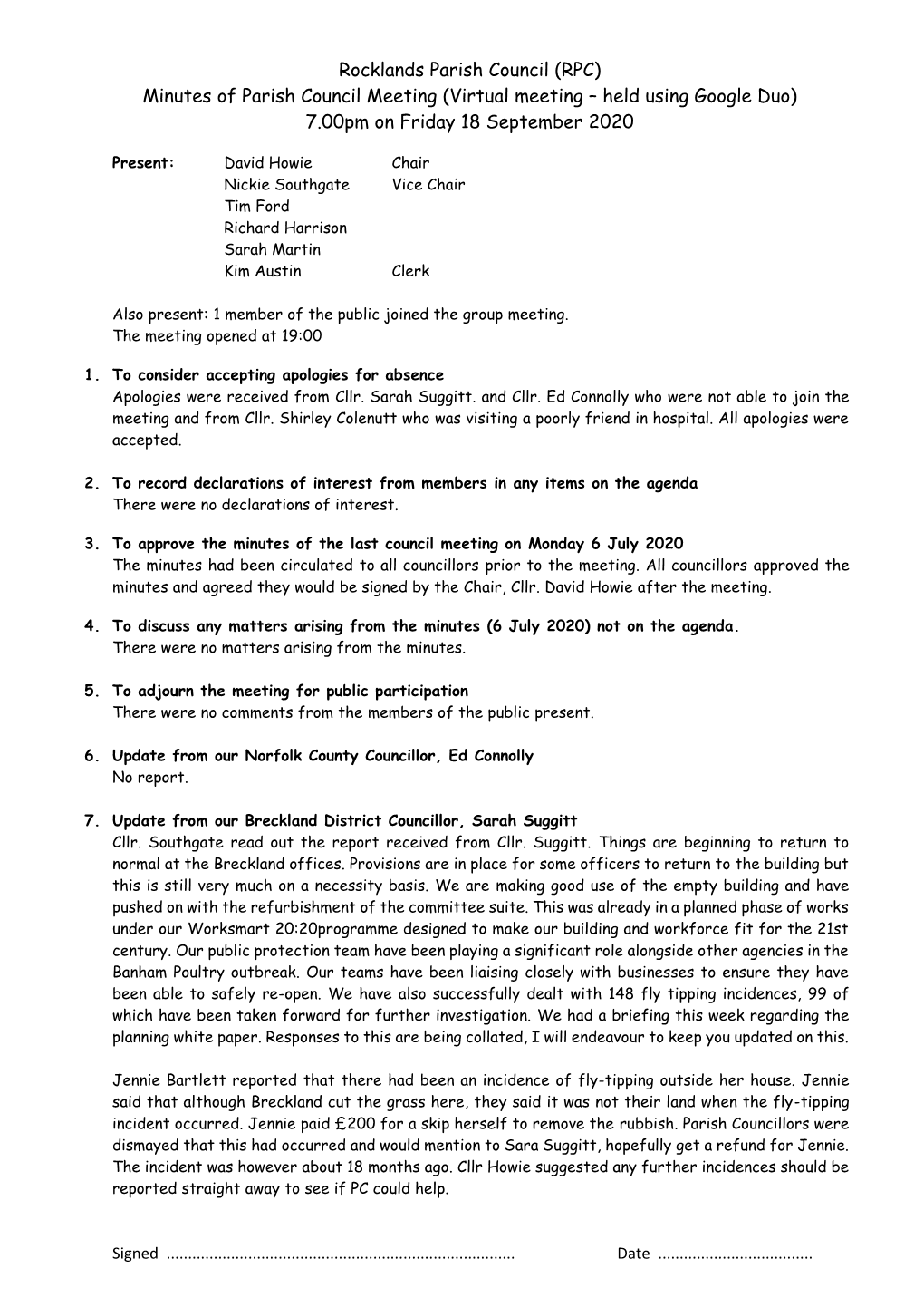 Rocklands Parish Council (RPC) Minutes of Parish Council Meeting (Virtual Meeting – Held Using Google Duo) 7.00Pm on Friday 18 September 2020