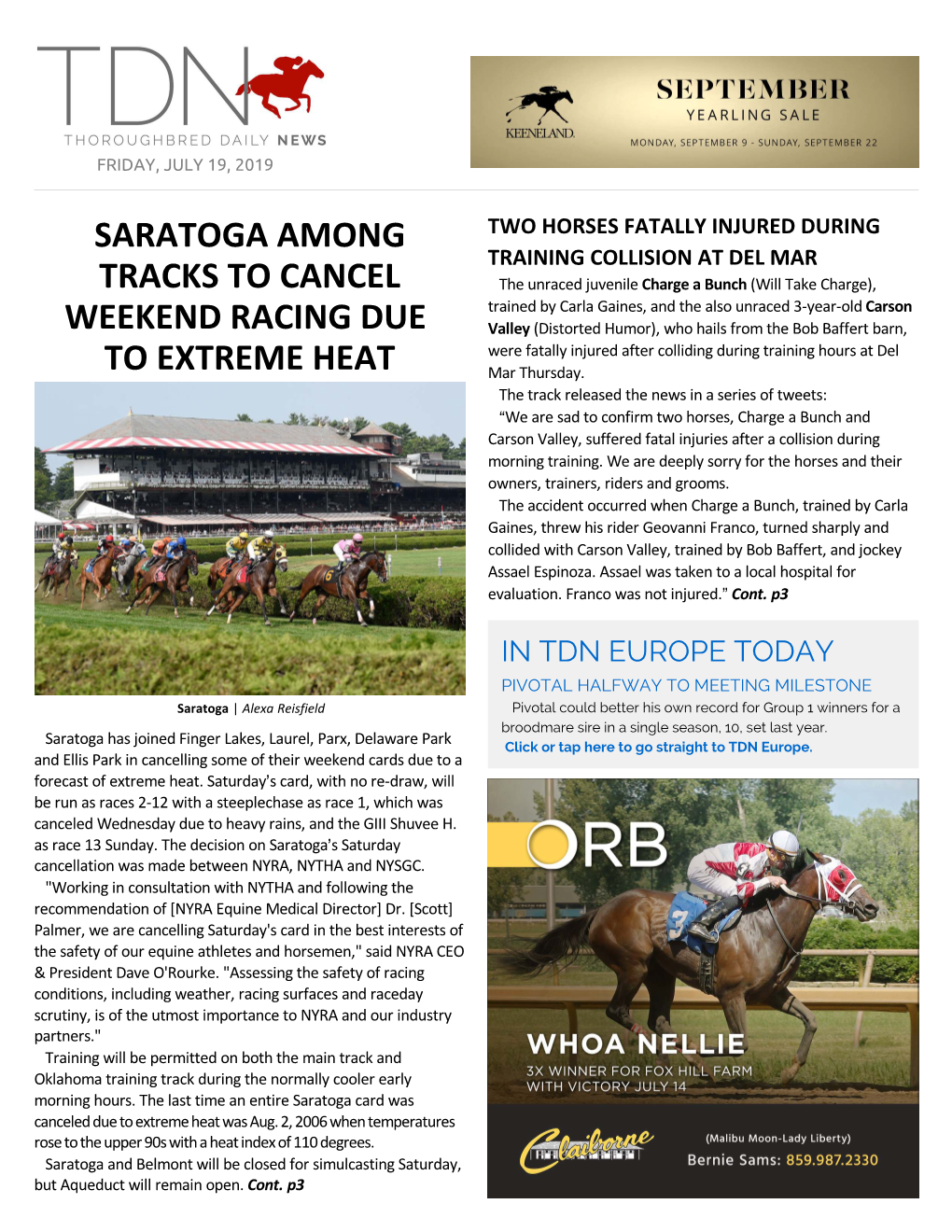 Saratoga Among Tracks to Cancel Weekend Racing Due to Extreme Heat