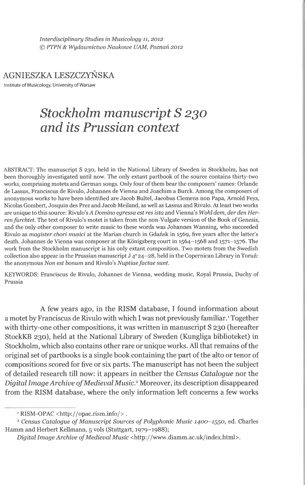 Stockholm Manuscript S 230 and Its Prussian Context