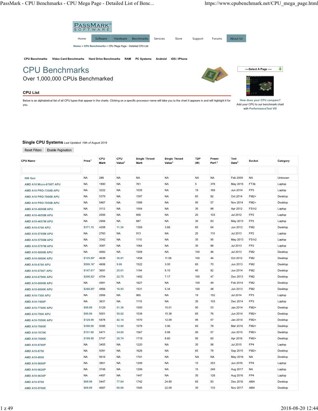 Passmark - CPU Benchmarks - CPU Mega Page - Detailed List of Benc