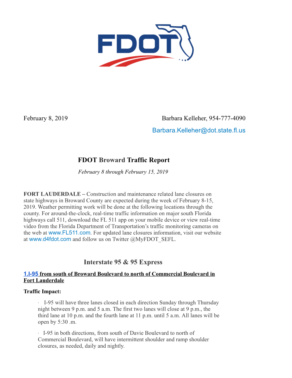 FDOT Broward Traffic Report Interstate 95 & 95 Express