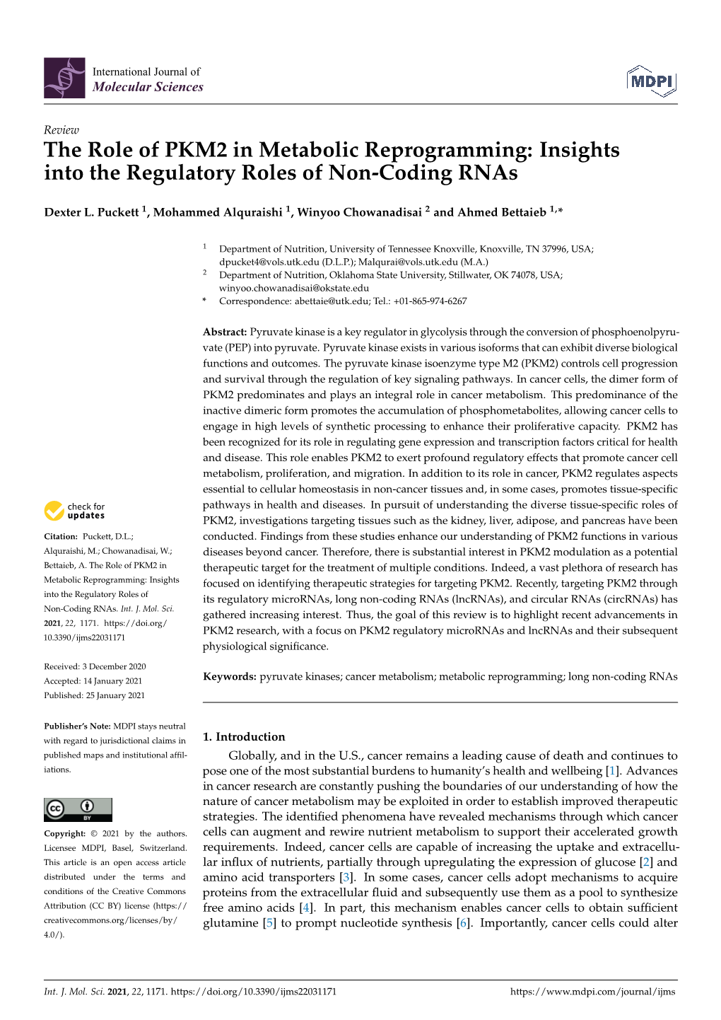 The Role of PKM2 in Metabolic Reprogramming: Insights Into the Regulatory Roles of Non-Coding Rnas