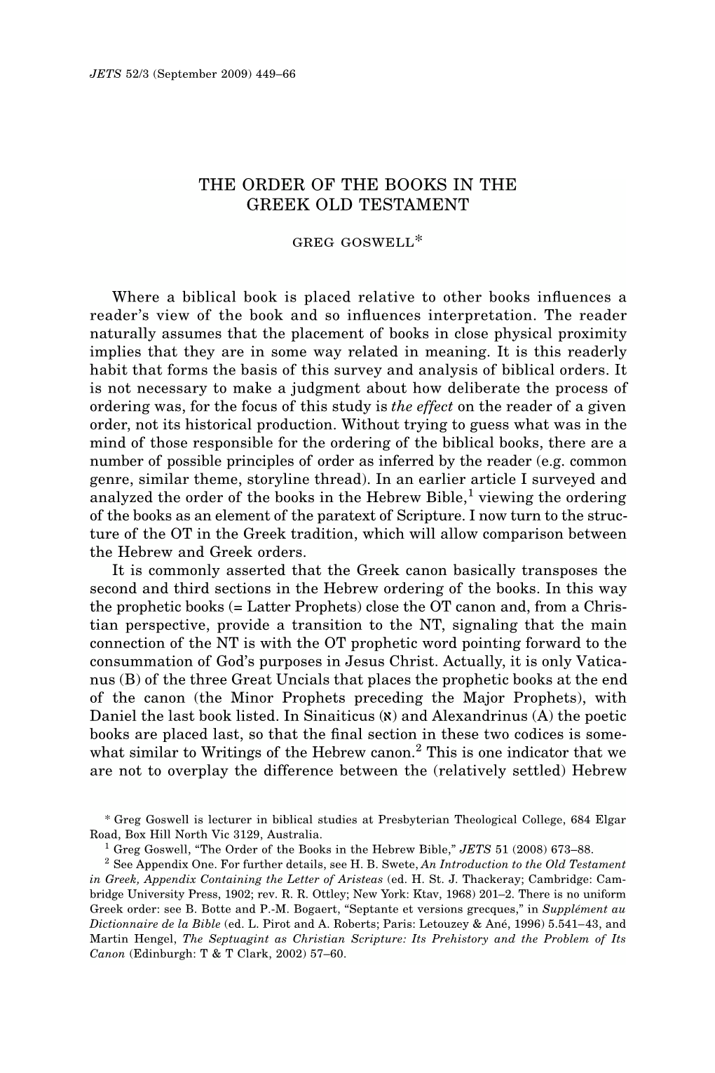 The Order of the Books of the Greek Old Testament