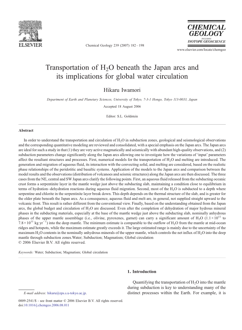 Transportation of H2O Beneath the Japan Arcs and Its Implications for Global Water Circulation