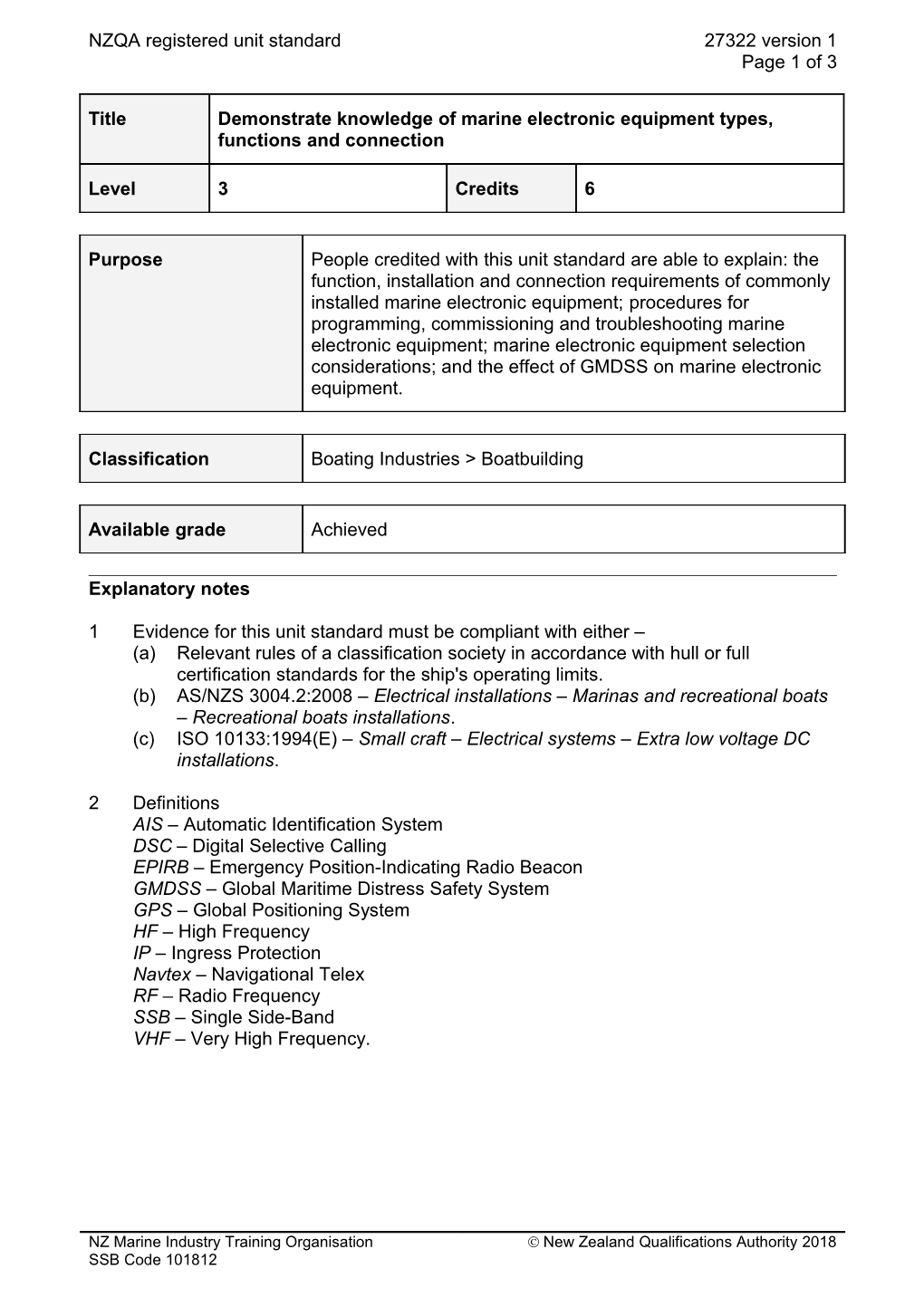 27322 Demonstrate Knowledge of Marine Electronic Equipment Types, Functions and Connection