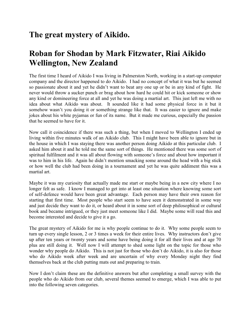 The Great Mystery of Aikido. Roban for Shodan by Mark Fitzwater, Riai