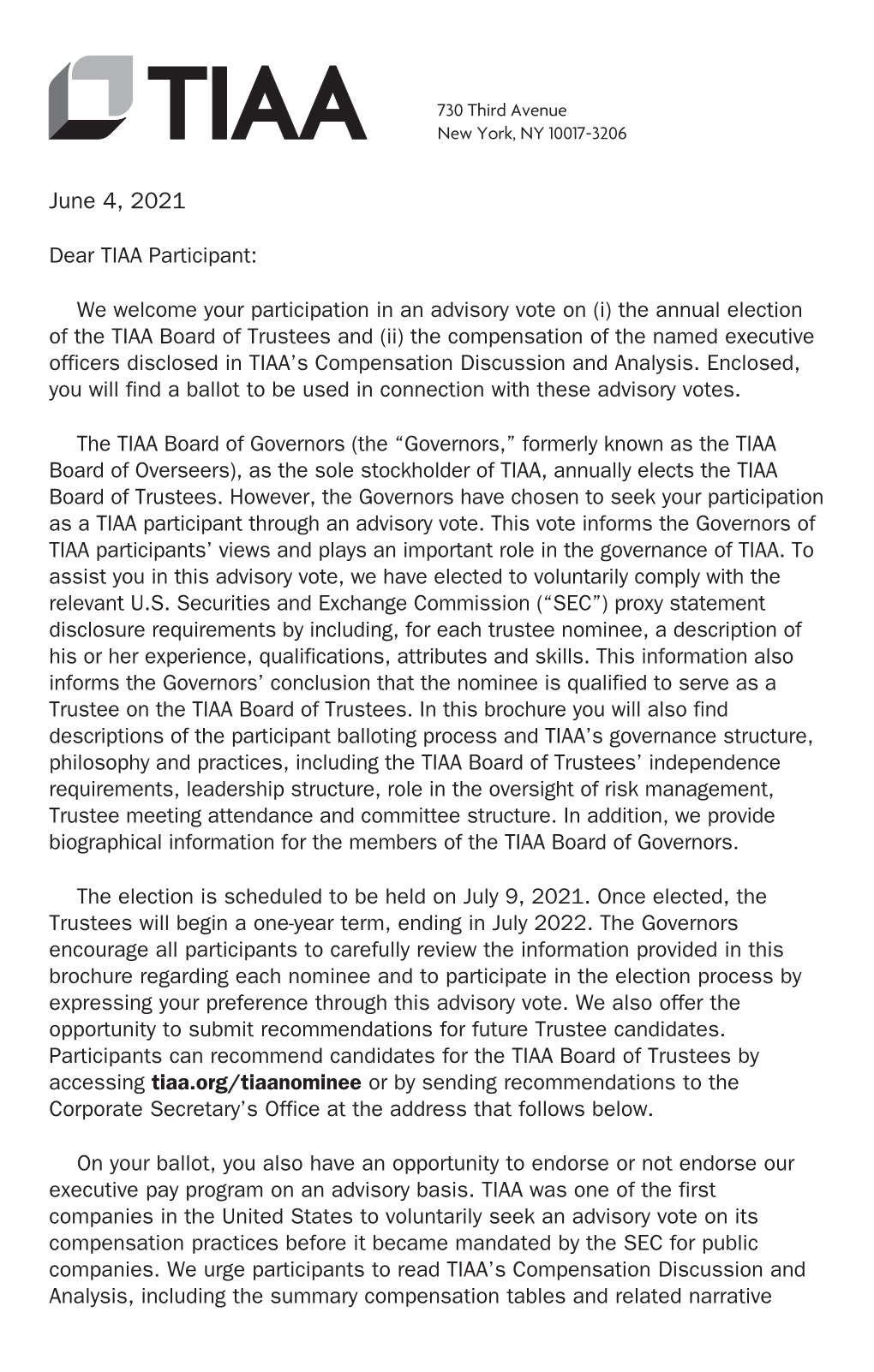 TIAA Advisory Vote Brochure 2021