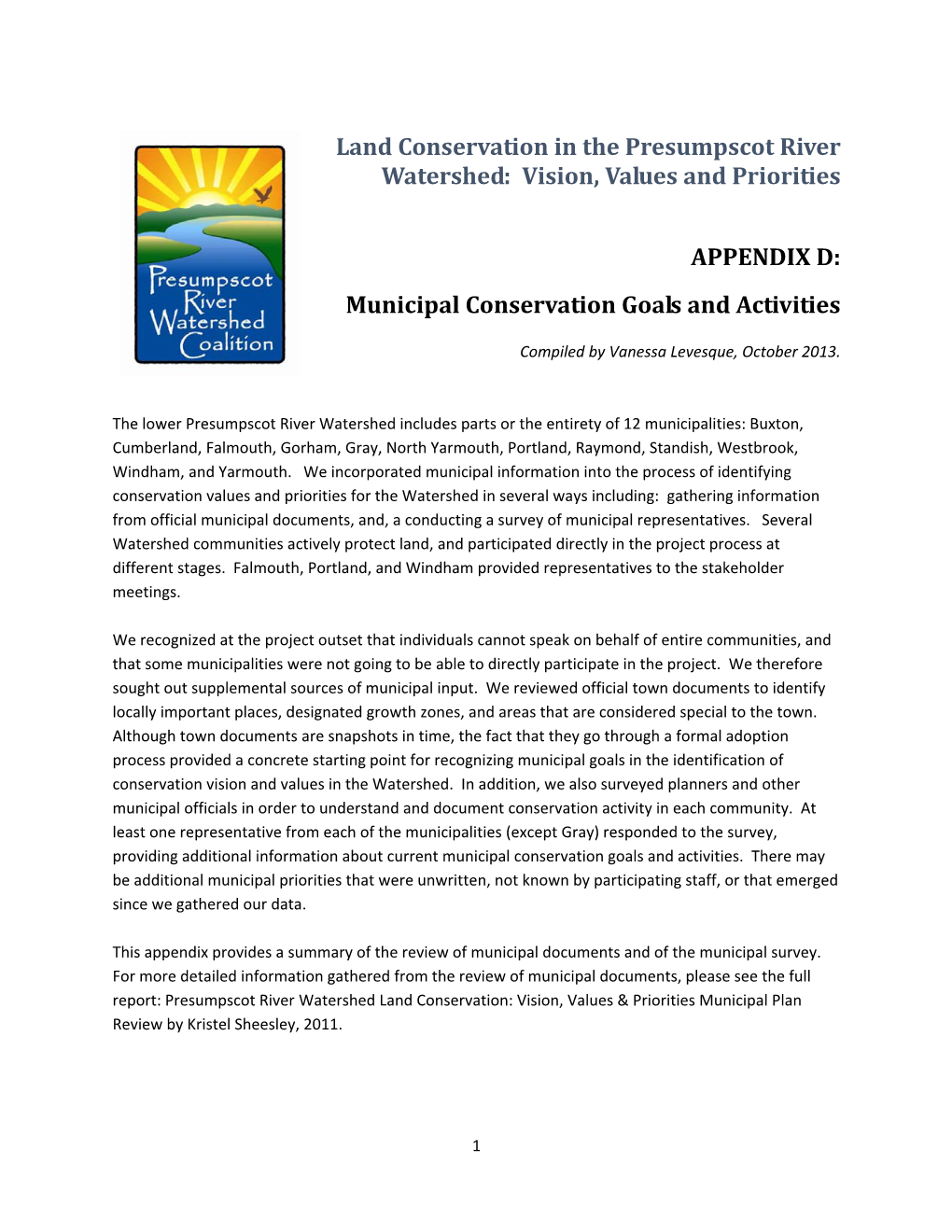Land Conservation in the Presumpscot River Watershed: Vision, Values and Priorities